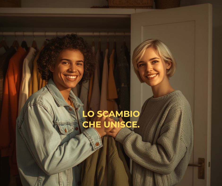 Due persone si scambiano un capo d'abbigliamento per promuovere la moda circolare e il riuso.